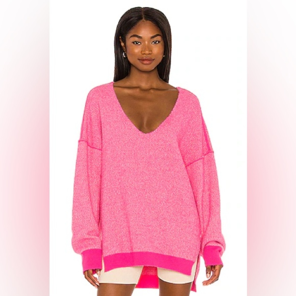 Free People Sweater Weather V Neck in Hot Pink Combo Sz XS OVERSIZED